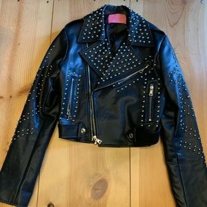 Azalea Wang Studded Faux Leather Cropped Biker Jacket